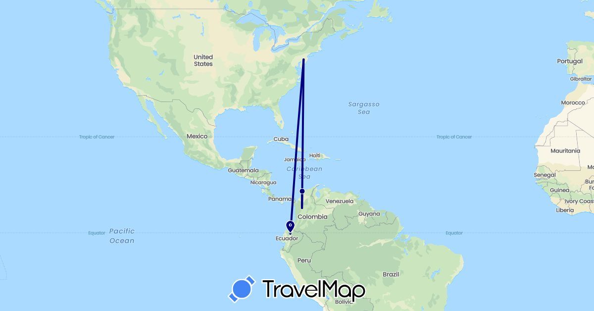 TravelMap itinerary: driving in Colombia, Ecuador, United States (North America, South America)